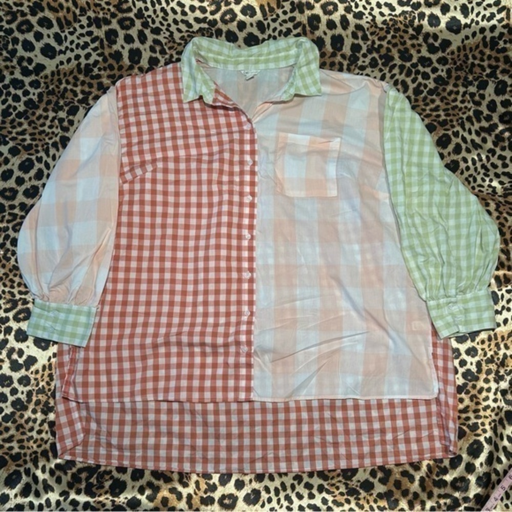 Cato Red, Pink, & Green Gingham Color Blocked Button Down Shirt